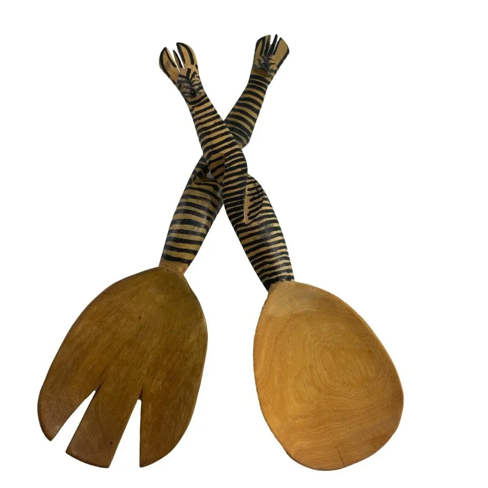 Wooden Hand Carved Kenya Zebra Salad Servers Tongs Spoon Fork African Art Wood